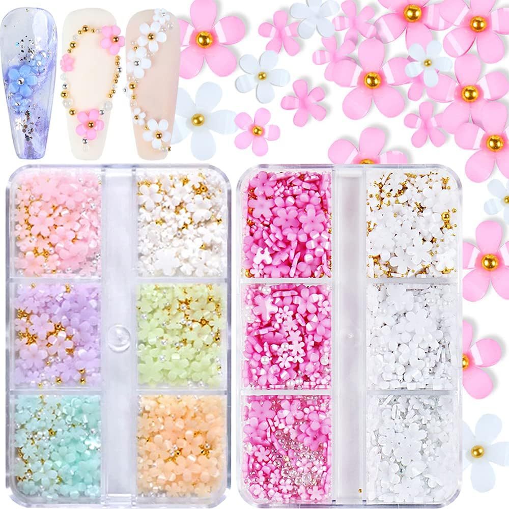 3D Flower Nail Charms, 4 Boxes 3D Acrylic Flower Nail Art Rhinestones White Pink Mixed Cherry Blossom Spring Gems Acrylic Nail Supplies with Pearls Manicure DIY Nail Decorations